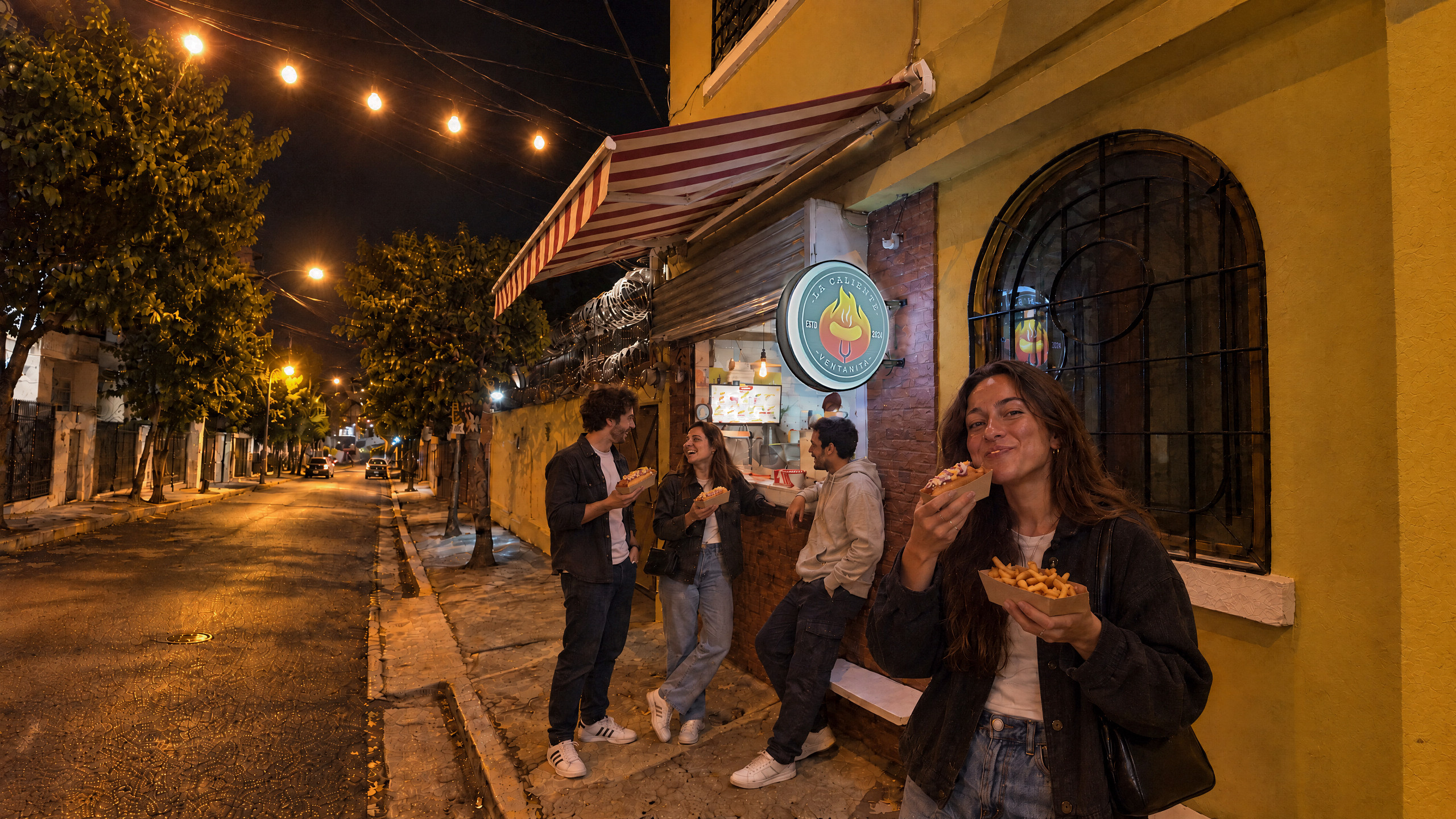 La Caliente, le soir : des amis devant la ventanita, un client sourit, un hot-dog à la main.